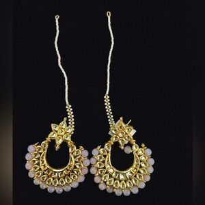 Indian Kundan Chandbali Earrings with Pearl Drops and Ear Chains